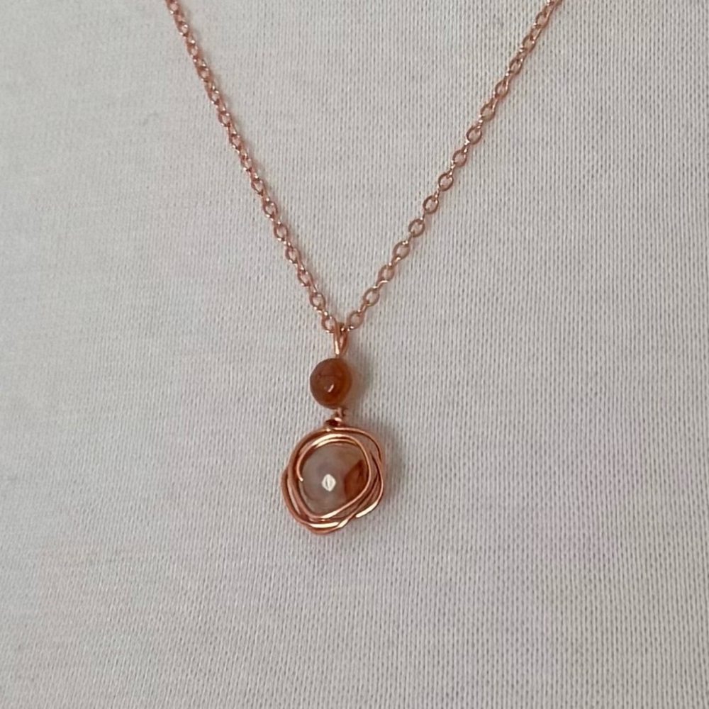Pink Fire Agate Rose Gold Wire-Wrapped Pendant Necklace